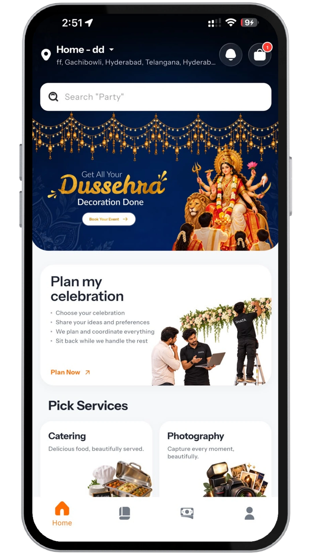 Shata Event Booking App interface showing doorstep consultation, dedicated planner, and transparent milestone tracking